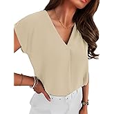 Totatuit Women V Neck Chiffon Blouses Cap Sleeve Loose Fit Shirts for Work Dressy Casual Buiness Solid Tops