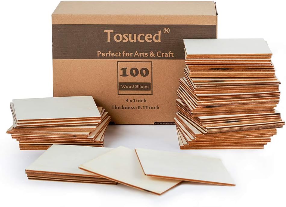 Unfinished Wood Pieces 100 Pcs Blank Square 4 x 4 Inch Wood Slices for Crafts, Cup Coasters, Wooden Ornaments, DIY Scrabble Letters Decorations