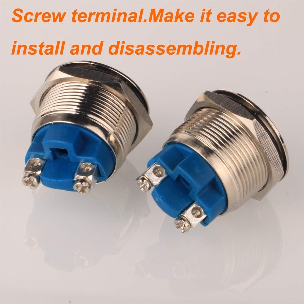 Gebildet 2pcs 22mm 12V/24V/125V/250V/5A Latching Push Button Switch Screw Type Terminals Stainless Steel Waterproof Metal Switch(Flat Head) - Image 4