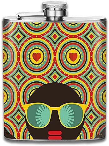 Weiheiwec 9 Afro Themed Woman With Glasses Ear Rings With Black Backdrop Stainless Steel Hip Flask 7 OZ