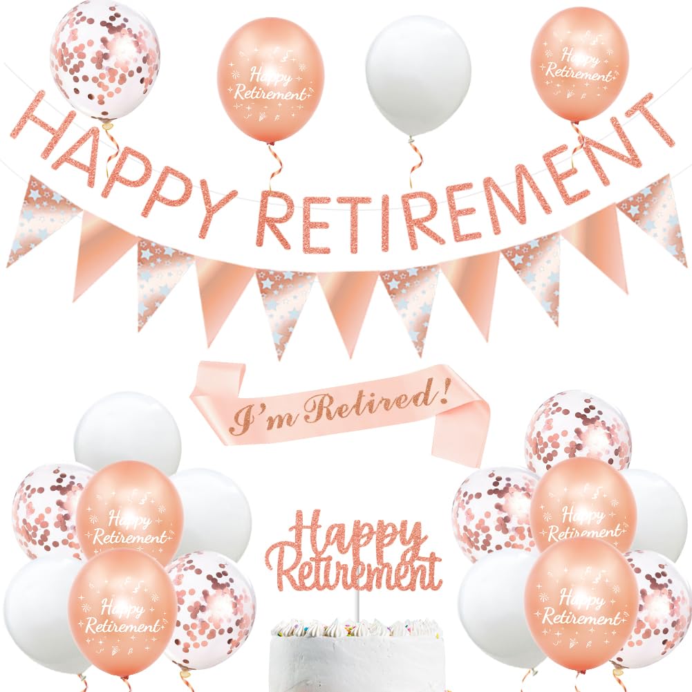 Rose Gold Retirement Decorations for Women and Men – Includes Happy Retirement Banner, Balloons, Cake Topper and Sash – Office Farewell and Party Supplies Kit