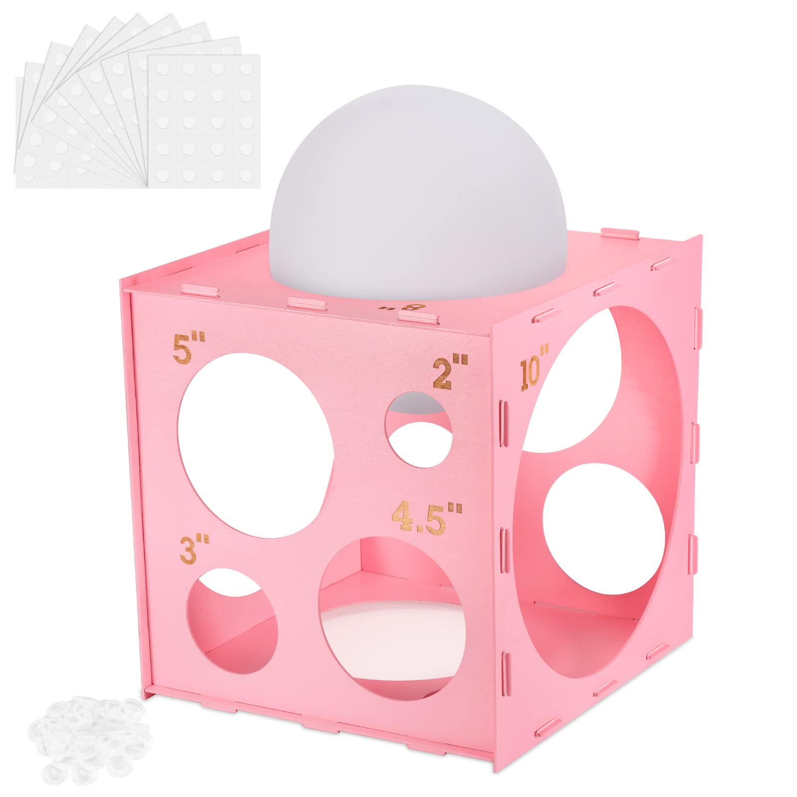 Auihiay 14 Holes Wood Balloon Sizer Cube, Pink Collapsible Measurement Box with Instructions and Glue Point, for Arches, Columns, Decorations (1-10 inch)