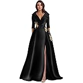 Winaiwi Long Sleeve Satin Mother of The Bride Dress Appliques V Neck Formal Prom Party Evening Dress with Pockets