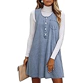 Dokotoo Womens Sleeveless Crewneck Lightweight Summer Casual Cotton Denim Dress Loose Fit Button Dress