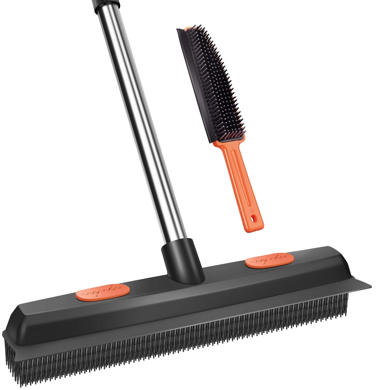 Conliwell Rubber Broom Carpet Rake for Pet Hair, Fur Remover Broom with Squeegee, Portable Detailing Lint Remover Brush (Stainless 4 Steel Handle)