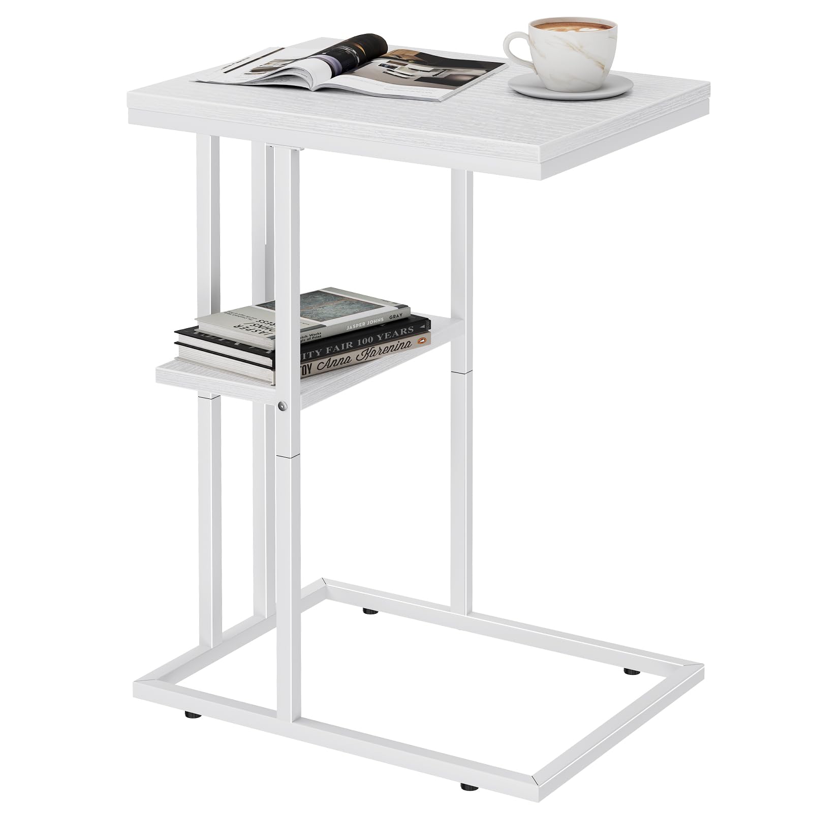 Huhote C Shaped End Table, Sofa Table, Coffee Tables Under Sofa, Small Couch Side SnackTable, TV TrayTable for Small Space, Bedside Tables with Metal Frame for Living Room & Bedroom, Pure White