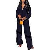 kaimimei Casual 2 Piece Outfit for Women - Linen Long Sleeve Button Down Shirt + Flare Pleated Wide Leg Pants Sets Streetwear