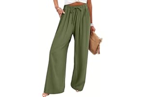 Bloggerlove Linen Palazzo Pants for Women Dressy Summer Wide Leg Flowy Pants Boho Linen Beach Trousers with Pockets