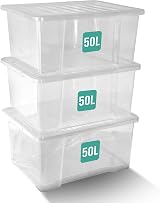 Klass Home Collection 3 x 50L Clear Plastic Storage Boxes with Lids Set of 3 view 1