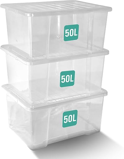 Klass Home Collection 3 x 50L Clear Plastic Storage Boxes with Lids Set of 3