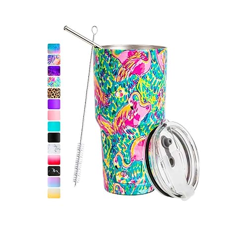 Comli 30oz Tumbler Stainless Steel Double Wall Vacuum Insulated Travel Mug With Lid and Straw Flamingo Cleaning Brush