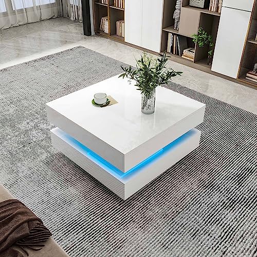 Prapark Modern LED Coffee Table 2 Tiers HighGlossy White Living Room