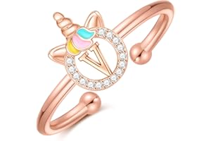 CIVOKINA Stackable Initial Unicorn Rings for Girls Gifts, 14K Gold Plated/Rose Gold/Silver Unicorn Rings for Girls Cute Initial Toddler Ring Hypoallergenic Adjustable Letter Rings for Teen Girls Kids Rings