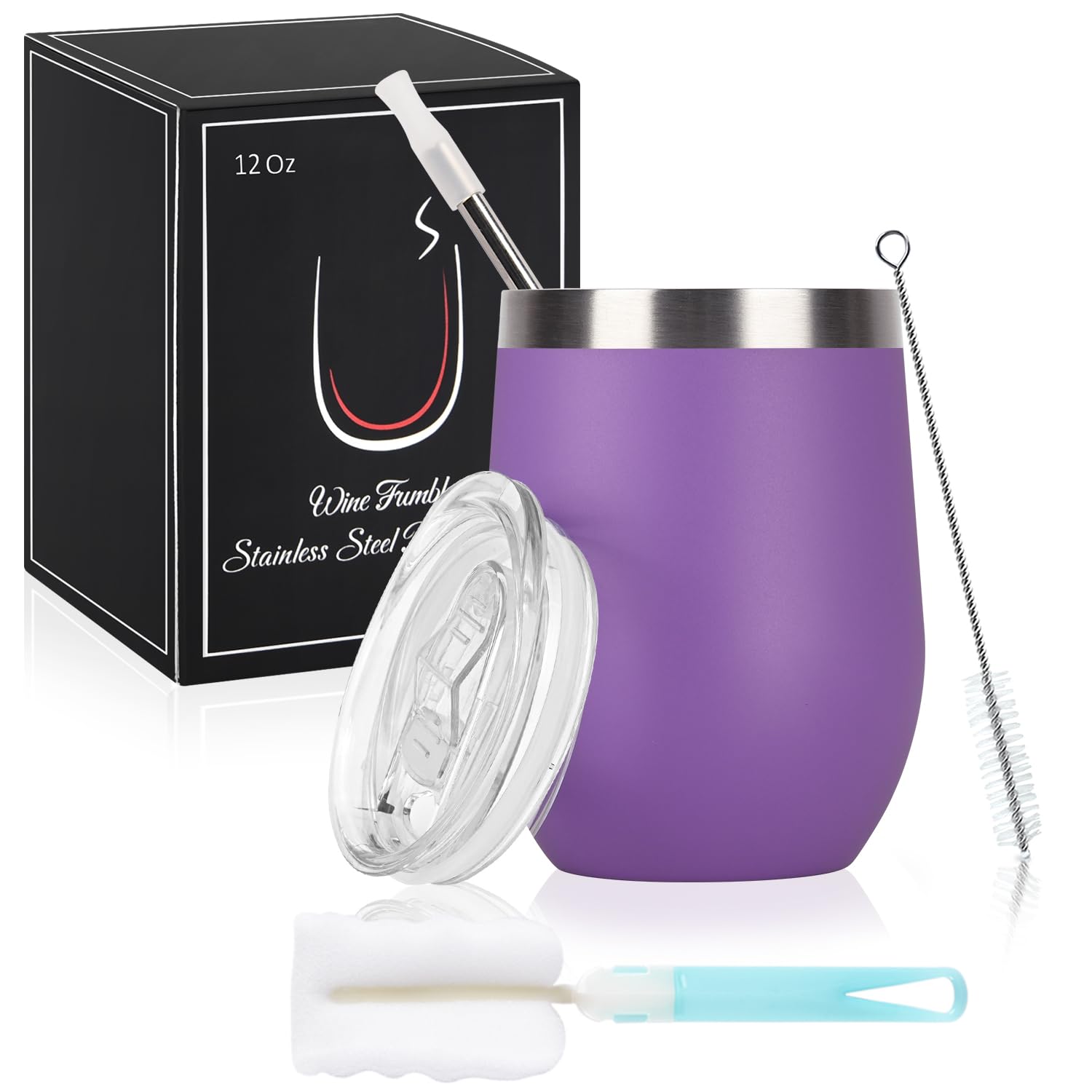 Joymaking 12oz Insulated Stainless Steel Wine Tumbler with Lid and Straw, Double Walled Wine Glass Tumbler Gift for Women, Great for Hot & Cold Drinks -Wine, Champagne, Coffee, Ice Cream, Purple