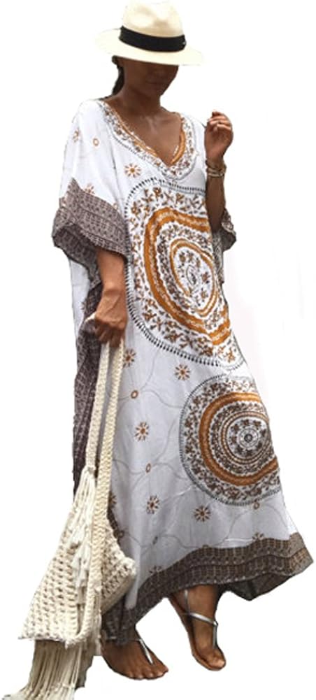 FreestyleMo Women's Oversized Maxi Kimono Ethnic Print Bikini Cover Ups Beach Kaftan Dress (One Size, Khaki) - Image 5