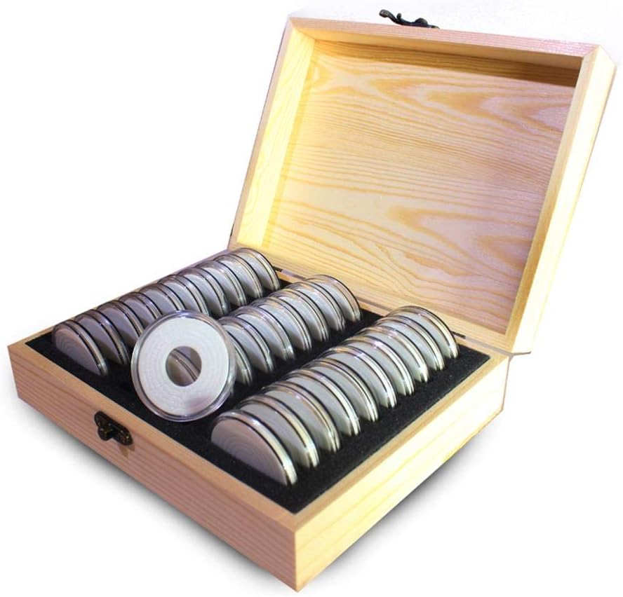 bozitian Collect Coin Case 30 Grid Memorial Coin Collection Wooden Box Coin Box Collector Box 20/25/30/35/40 mm Universal for Coins or Capsules