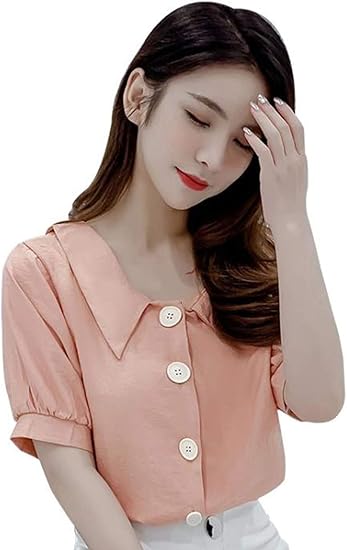 Amazon Alhylaシフォンシャツ レディース 夏服 韓国風 おしゃれ 可愛い デザイン ブラウス 女性 トップス上着 無地 カジュアル Poloシャツ ストレート 半袖シャツ きれいめ シャツ ブラウス 通販