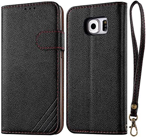 Galaxy S6 Edge Case, LANOU Leather Wallet Case Flip Cover Protective Case for Samsung Galaxy S6 Edge - Black