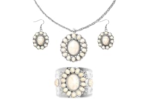 SHOP LC DELIVERING JOY Howlite Jewelry Sets for Women - Turquoise Inspired Western Cowgirl Accessories - Beautiful Statement Necklace Earrings & Cuff Bracelet Set Southwestern Chunky Necklaces Costume Jewelry