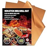 Grill Mat Set of 3 Non-Stick BBQ Grill Mats by YIHONG, 0.4mm Extra Thick Heavy Duty Barbecue Grilling Mat, Reusable and Easy to Clean, Works on Gas, Charcoal, Electric Grills, Copper Color