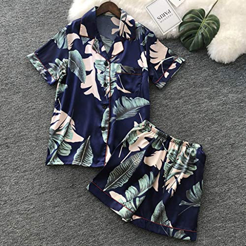 Women Simulation Silk Printing Pattern Pajamas Short Sleeve Sleepwear V Neck Nightwear Set Navy