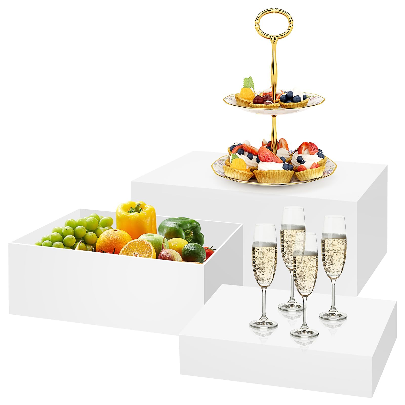 Photo 1 of 3 Pack White Buffet Food Risers, Large Size Acrylic Display Box for Dessert Table Food Drink Collectibles Jewelry Figures,Rectangle Display Stands for Retail Vendor Events, 12"11"10"
