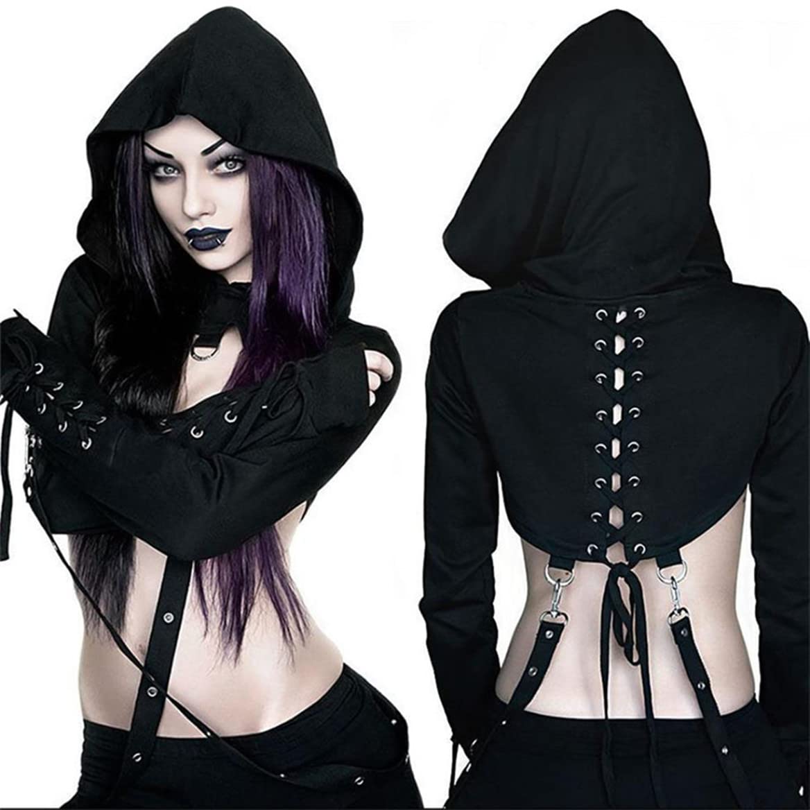 Photo 1 of TOMETO STAR Women Gothic Punk Hoodies Crop Tops Lace Up Long Sleeve Pullover Sweatshirt for Rave Festivals Streetwear