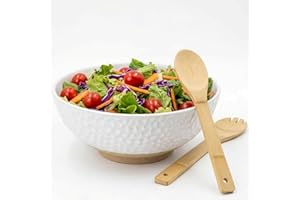 Wotalation Large White Ceramic Salad Serving Bowl - 9.4 Inch Party Bowl for Holidays, Fruit Bowl with Bamboo Utensils (57.4oz