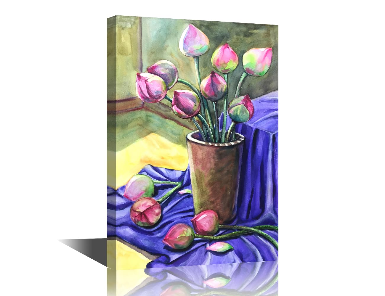 TISHIRON Still Life Flowers Canvas Prints Wall Art Lotus flower in a Vase Watercolor Paintings Pictures for Home Decorations Modern Stretched and Framed Giclee Artwork 12x18 inch — image 1