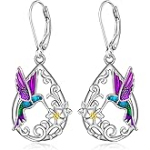 Hummingbird Earrings for Women Sterling Silver Purple Bird Hummingbird Dangle Earrings Memorial Flower Jewelry Mothers Day Gifts