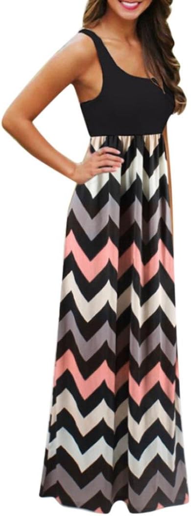 FeiXiang Womens Striped Long Boho Dress Lady Beach Summer Sundress Maxi Dress Plus Size (L, Black)