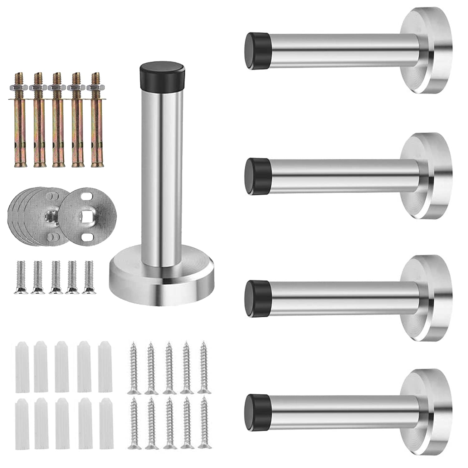 5 Pack Stainless Steel Safty Door Stopper, Modern Door Stop, Hardware Pack Heavy Duty Wall Mounted Rubber Buffer Bumper with Screws and Drywall Anchors