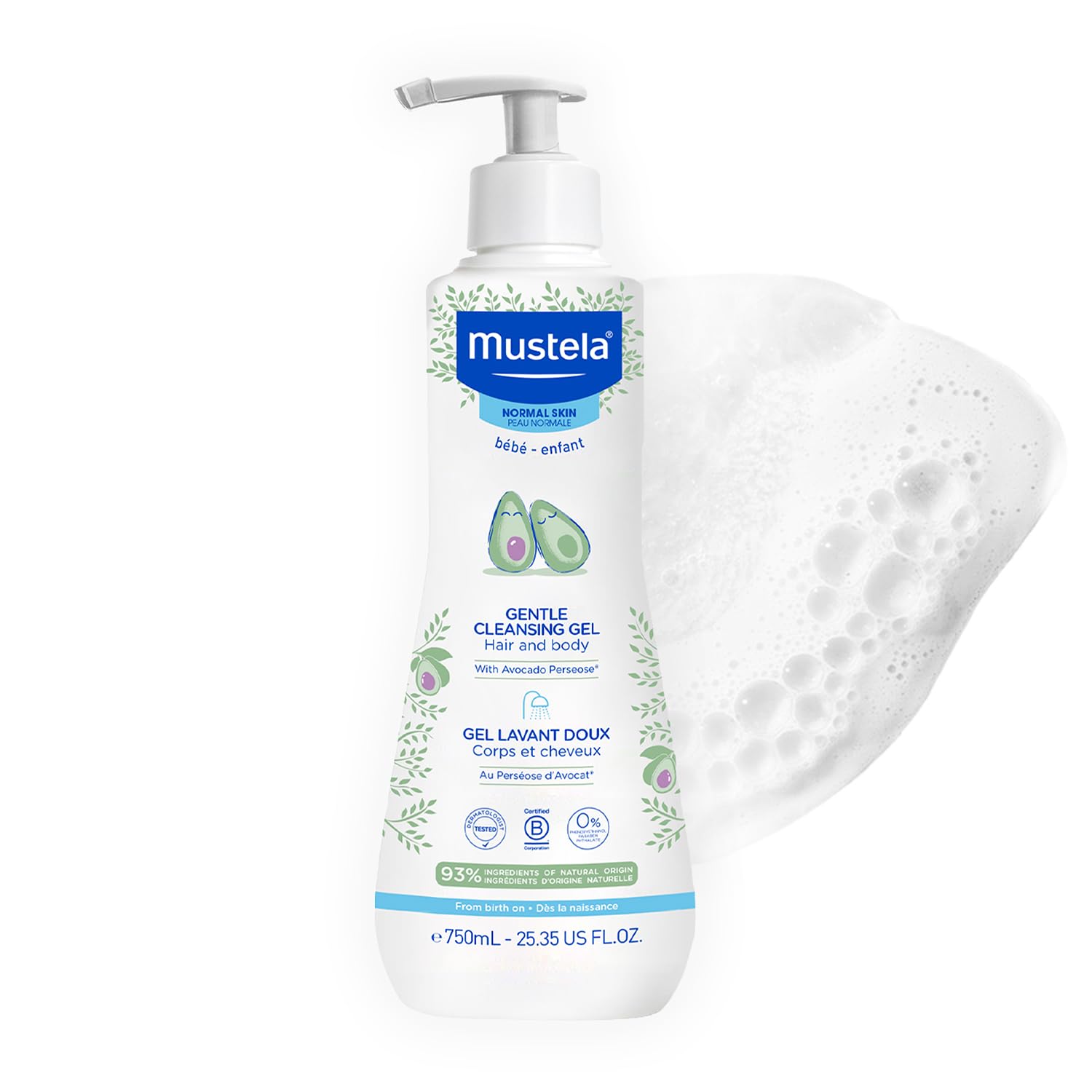 Mustela Baby Gentle Cleansing Gel - Baby Hair & Body Wash - with Natural Avocado fortified with Vitamin B5 - Biodegradable Formula & Tear-Free – 25.35 fl. oz.