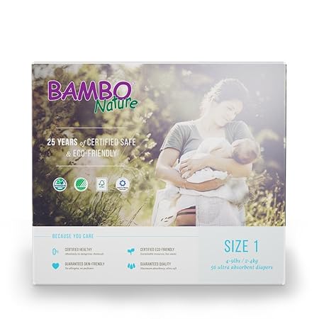 Bambo Nature Eco Friendly Baby Diapers Classic for Sensitive Skin, Size 1, 56 Count (2 Packs of 28)