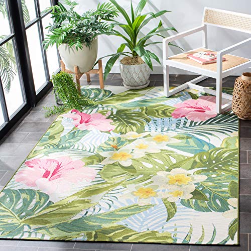 Safavieh Barbados Collection BAR516X Tropical Floral Indoor/ Outdoor Area Rug, 4' x 6', Green/Pink