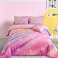 Btargot 6 Pieces Pink Gradient Star Ring Comforter Set for Boys Girls Teens, Twin Size Colorful Glitter Rainbow Star Galaxy Bedding Set