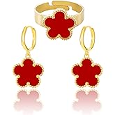 Gold Plated Five Leaf Clover Rings and Dangle Earrings Set for Women Lucky Flower Jewelry