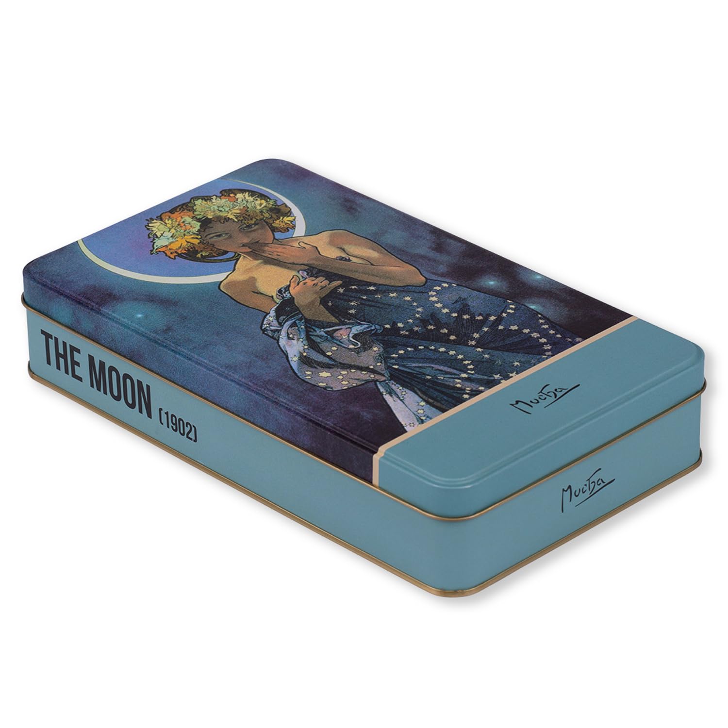 NOTIQUE Tin With Lid, Nostalgic Art Box, Biscuit Storage Jar for Small Items - Herbarium Collection (Alfons Mucha - Luna)