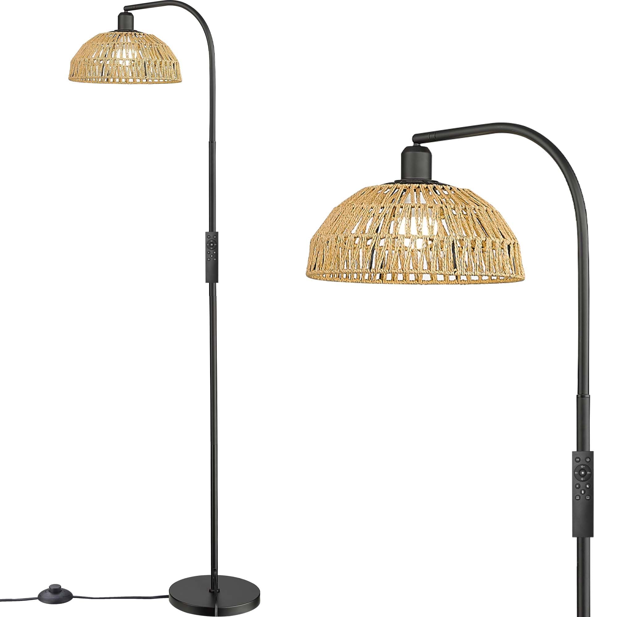 Photo 1 of Odeums Rattan Farmhouse Floor Lamps with Remote Control and 9W LED Bulb for Living Room, Mid Century Arched Reading Lamp for Bedroom,Office (1 Pack,Black)