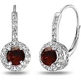 Sterling Silver Birthstone Earrings - Round Halo Drop Huggie Dainty Earrings for Women
