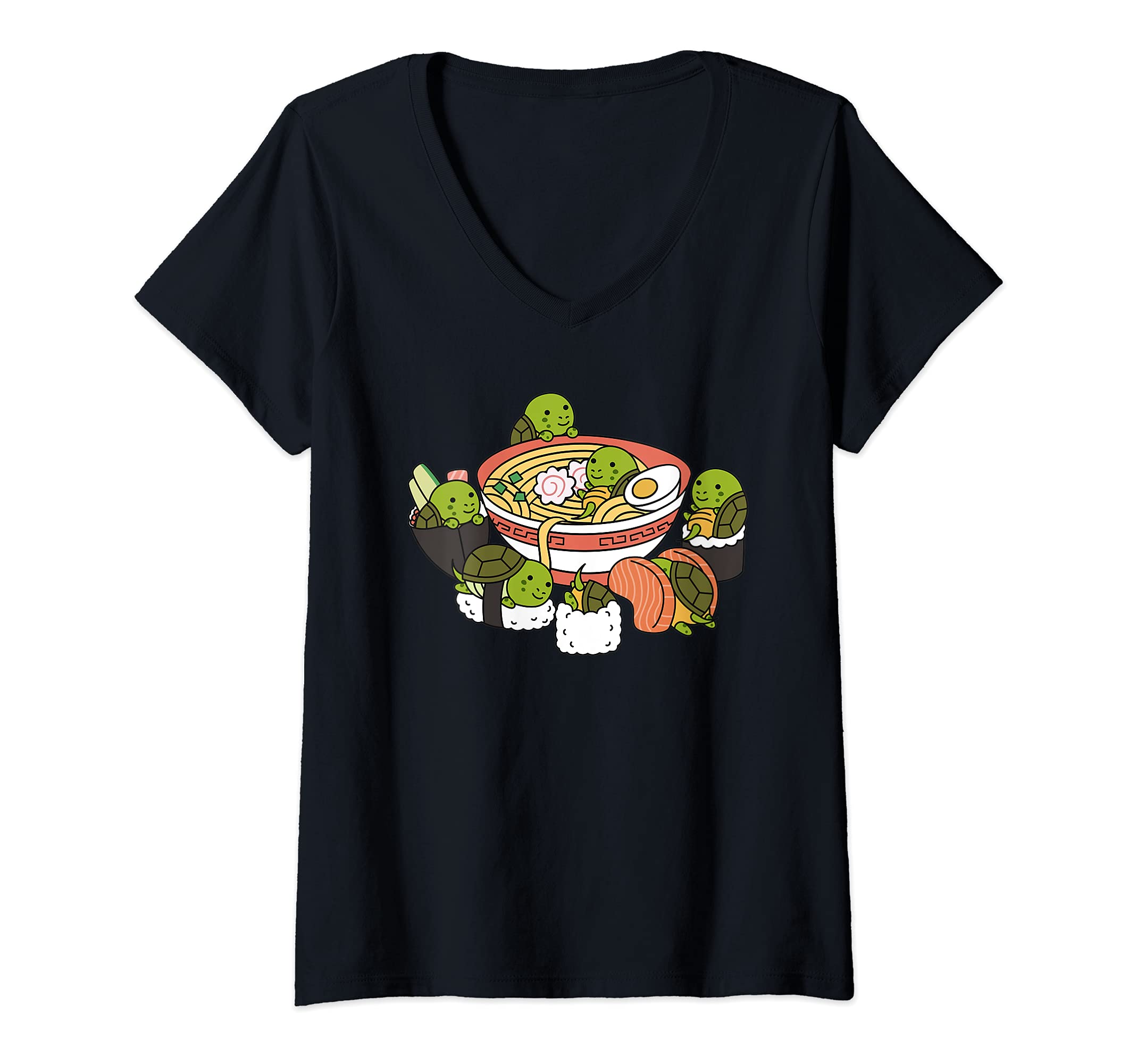 Womens Ramen Sushi Tortoise Pet V-Neck T-Shirt