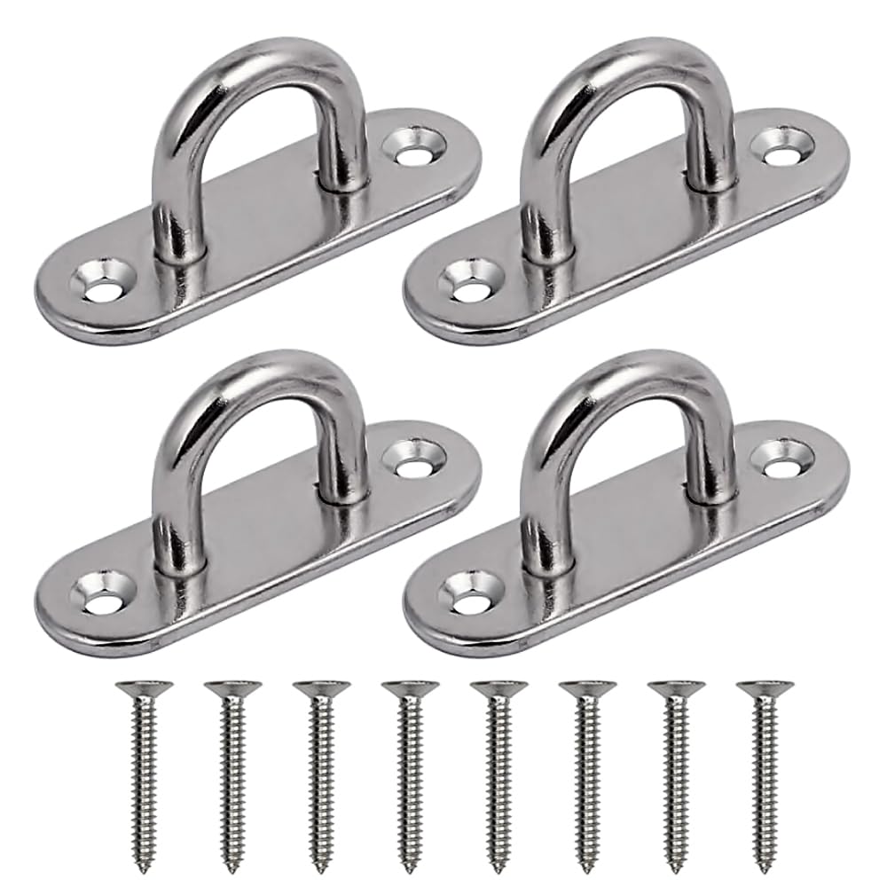 Lahviuu Pad Eye Plate 4 Pcs M5 Stainless Steel Ceiling Hook Metal Staple Ring Hook Suspension U Hooks Marine Hardware Staple Hook Loop with 8 Screws,for Wall Ceiling Hanging Shade Sail