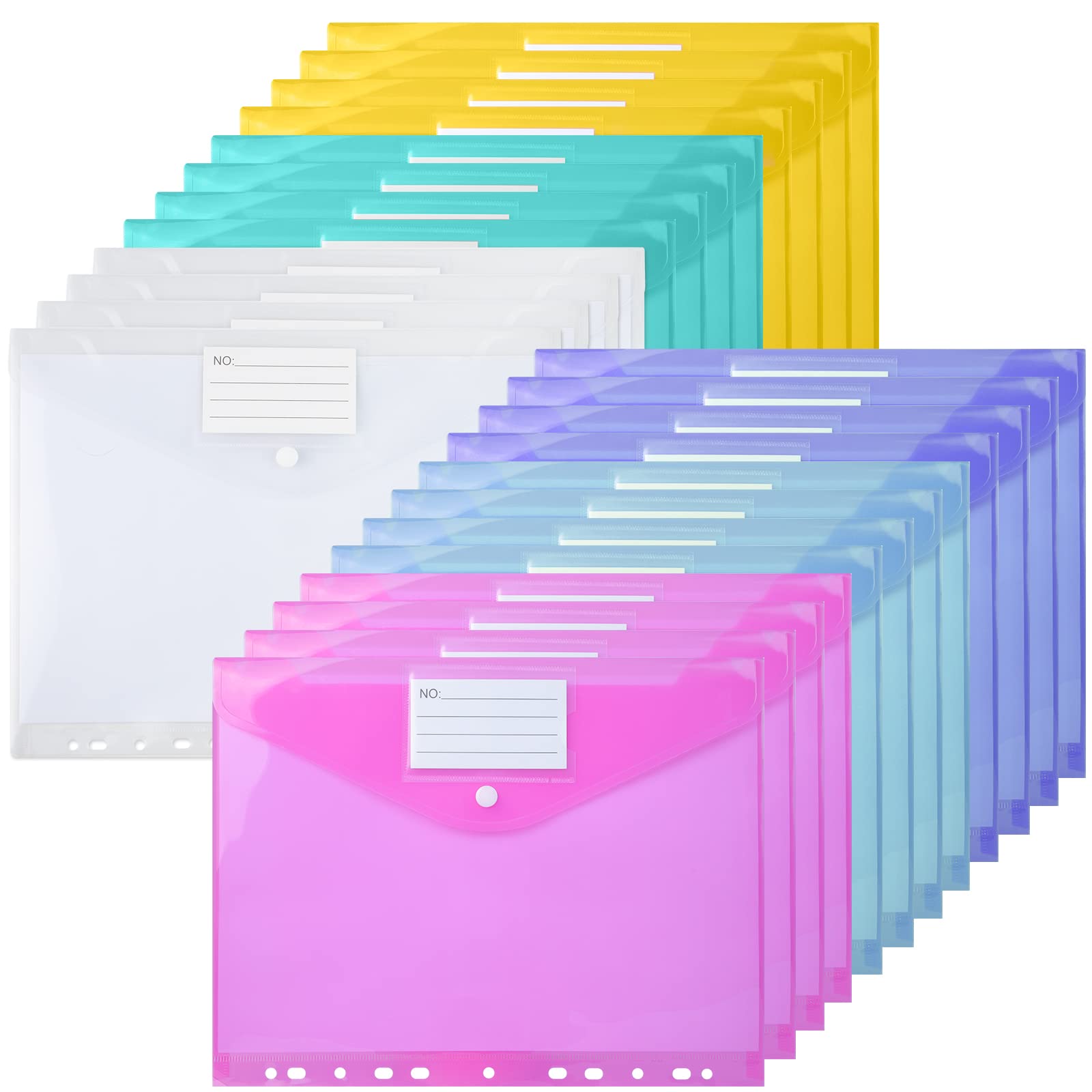 A4 Plastic Wallets with Punched Pockets, Pockets Document Folder with Snap Button, 24pcs Expanding Organiser for Office, School, Home Filing