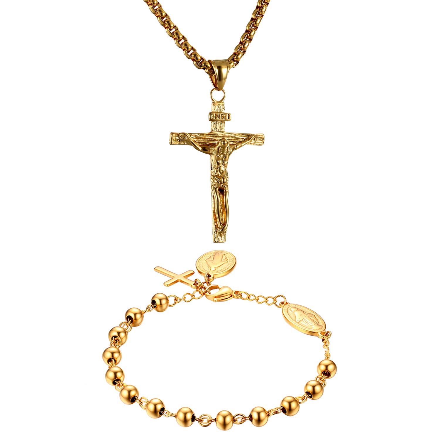 Cupimatch 2pcs Unisex Christ Jesus Crucifix Cross Rosary Beads Pendant Necklace Bracelet Set, Adjustable Gold Vintage Stainless Steel Player Charm Link Chain Bracelet
