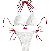 Verdusa Women's 2 Piece 3D Cherry Color Block Bikini Sets Halter Neck Tie Cute Swimsuit Bathing Suit
