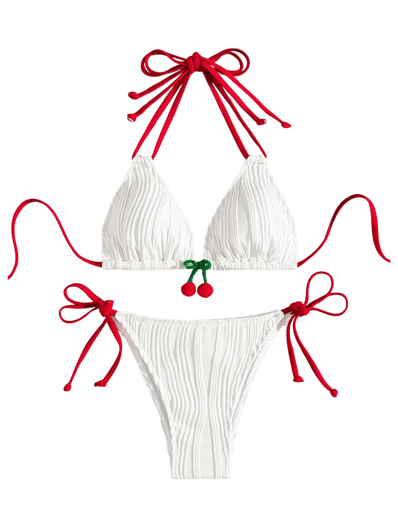 Photo 1 of (LARGE) (USED/FAIR) (BAGGED) Verdusa Women's 2 Piece 3D Cherry Color Block Bikini Sets Halter Neck Tie Cute Swimsuit Bathing Suit White Large