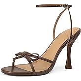 iiimmu Women's Bow Heels 4 IN Stiletto Heeled Sandals for Women Round Open Toe Sandals Elegant Summer Heels Soft PU Leather/Faux Suede
