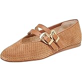 UBWDU Suede Mary Jane Flats for Women Perforated Round Toe Ballet Flats Comfortable Ballerina Shoes with Double Buckle Strap