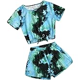 Girls Summer Tie-Dye Outfits Elastic Drawstring T-Shirt Crop Top and Elastic Waist Shorts Set with Side Pockets