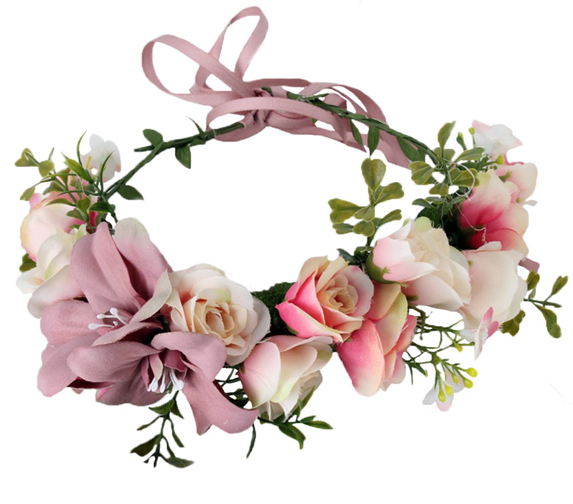 Brikuinr Floral Wreath Headband Flower Wreath Crown Hair Wreath Hair Garland Flower Halo Floral Headpiece Boho with Ribbon Party Wedding Festival Pink — image 1